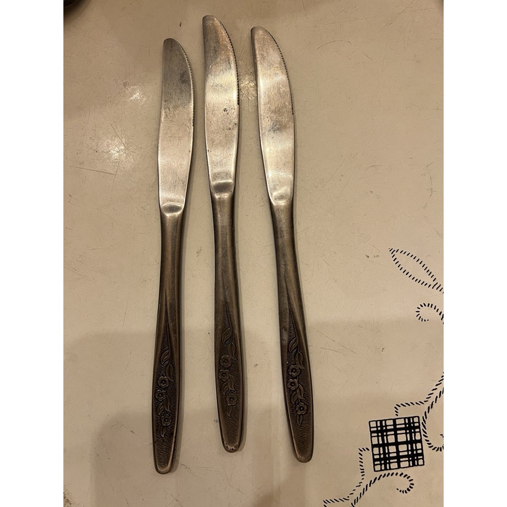 Superior Radiant Rose 3 Dinner Knives Stainless USA Floral Leaves Brushed Metal